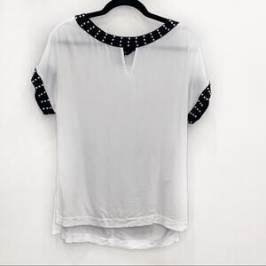 WHBM pearl embellished black trim white keyhole blouse Size XS